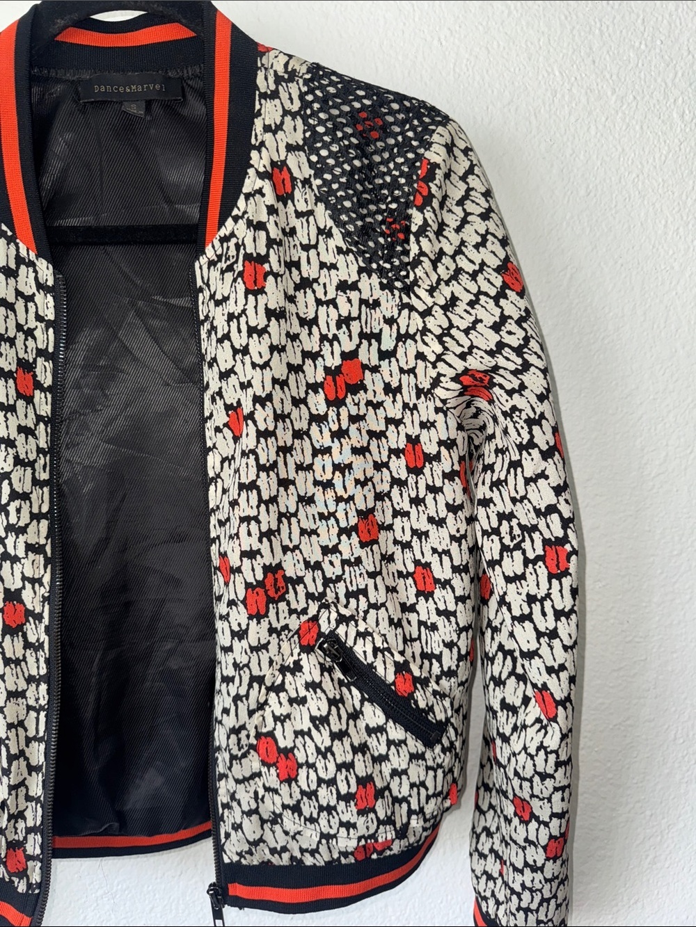Dance & Marvel Ivory and Black Patterned Bomber with Orange Trim - Picture 3 of 6